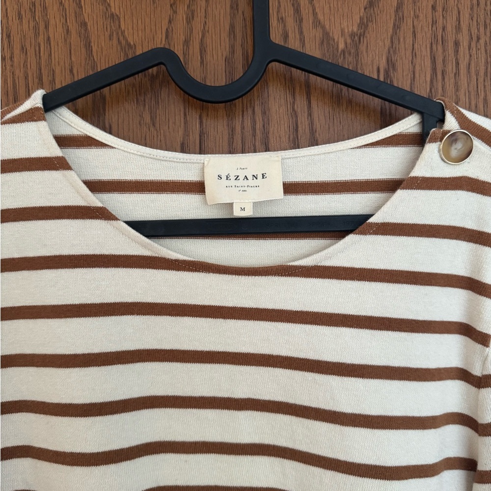 Sézane Brown and Cream Striped Long Sleeve Top
